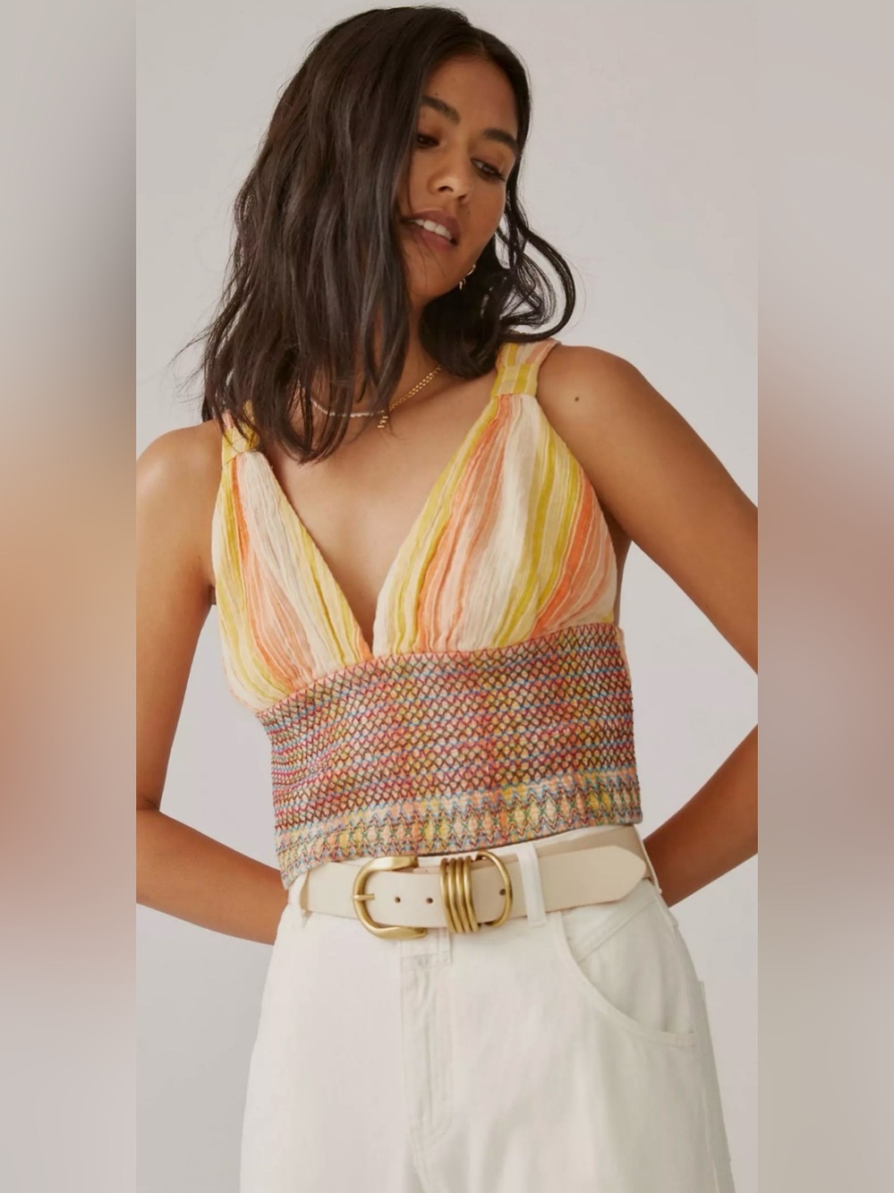 Anthropologie Striped Smocked Tank - Yellow, Pink, Orange